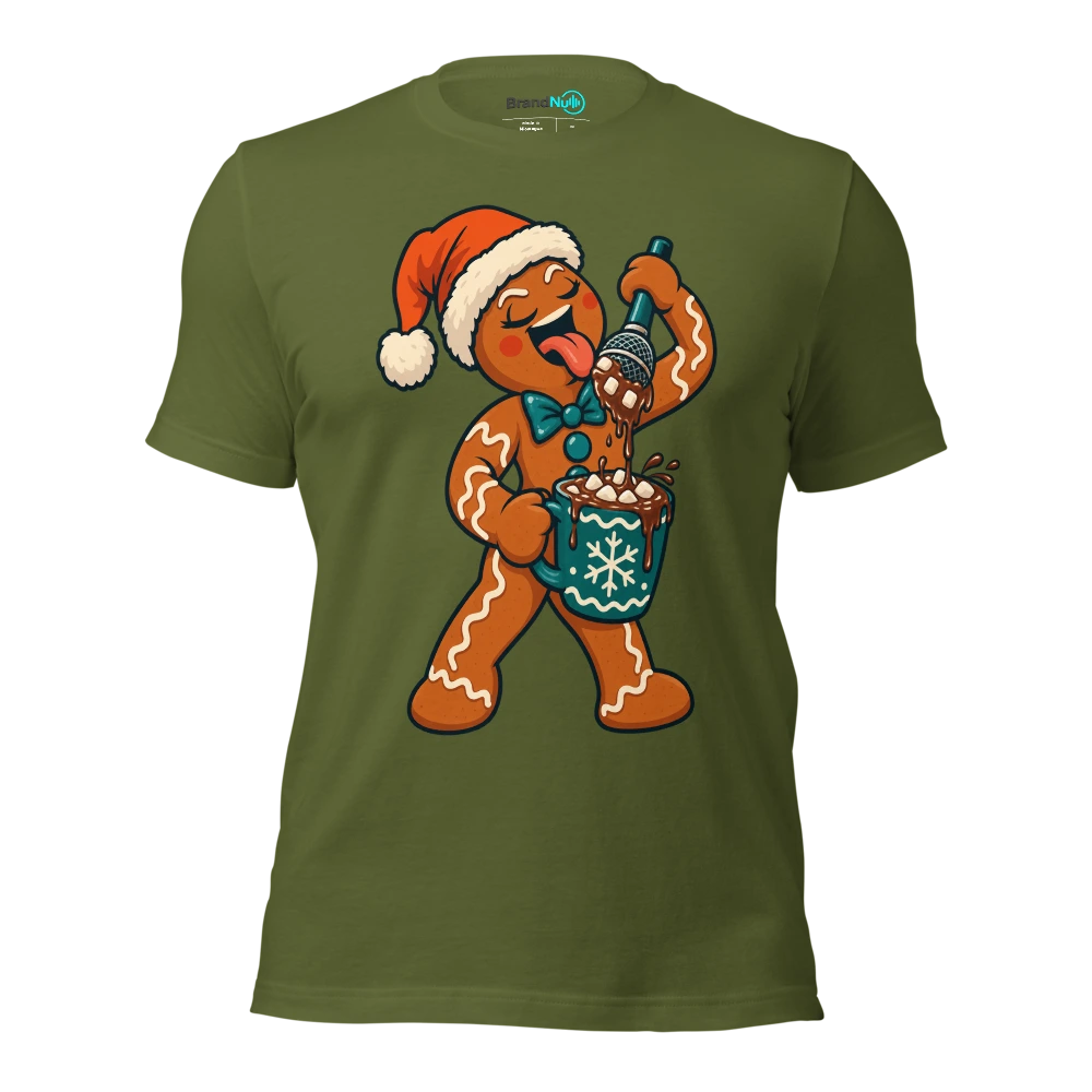 A gingerbread singer dipping a microphone into a mug of cocoa T Shirt Olive Front