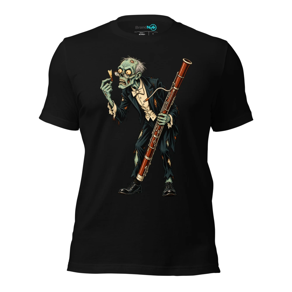 Zombie examining a broken bassoon reed with reading glasses T Shirt Black Front