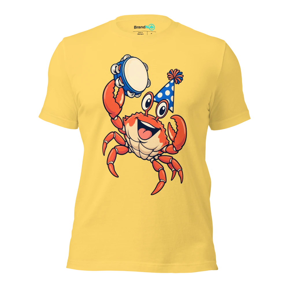 A crab proudly presenting a birthday tambourine T Shirt Yellow Front