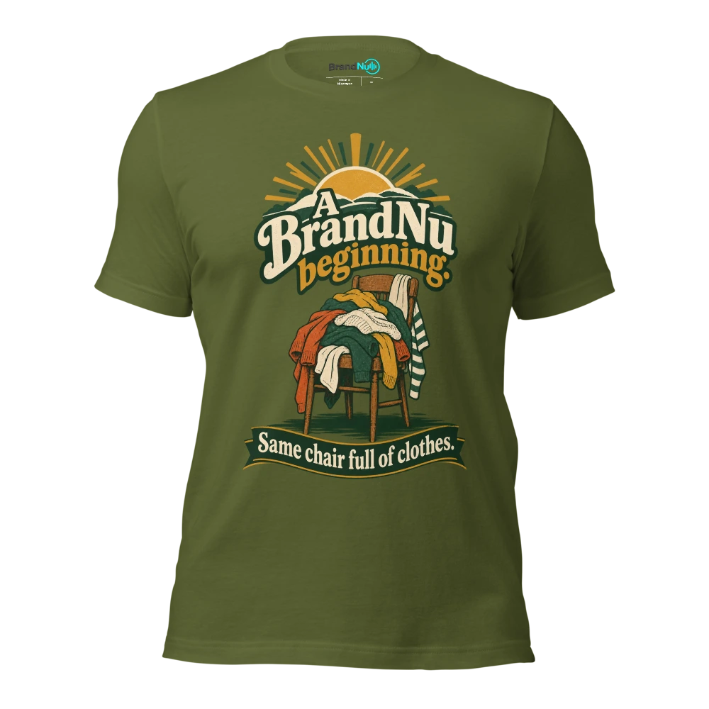 A BrandNu beginning. Same chair full of clothes T Shirt Olive Front
