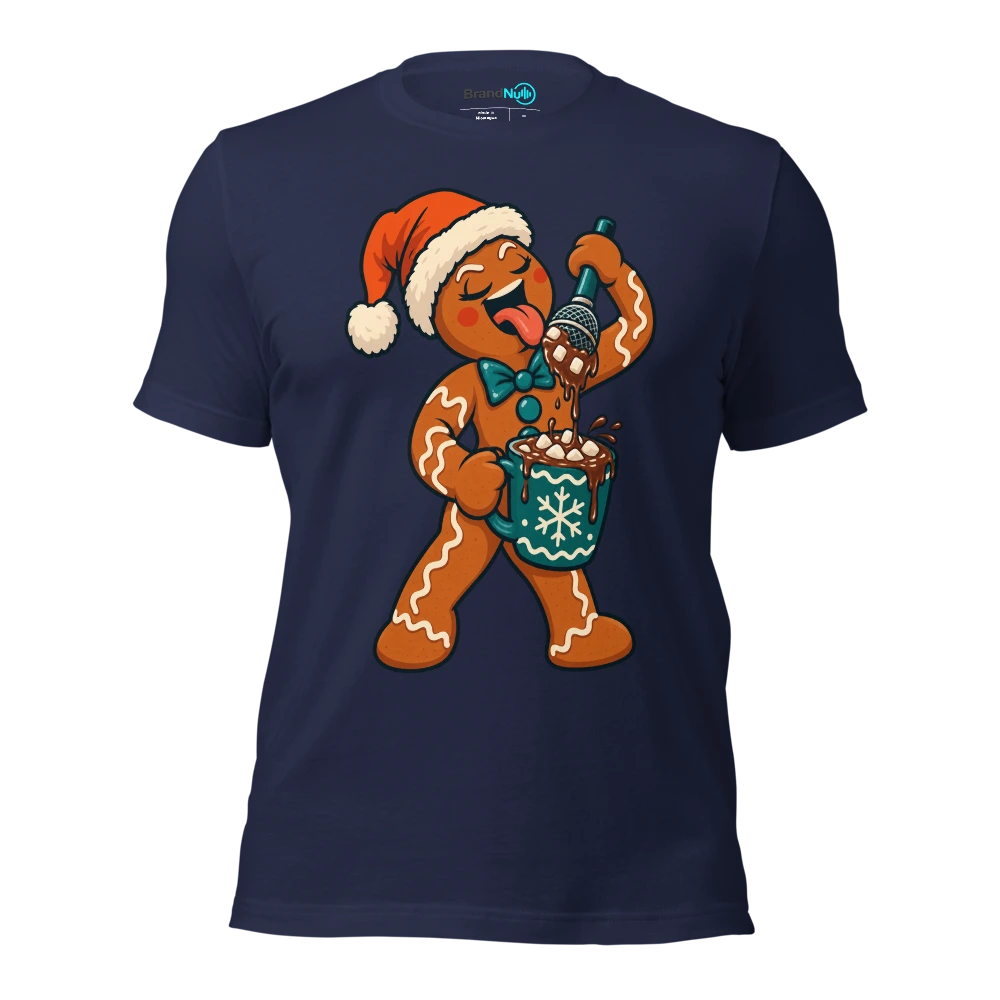 A gingerbread singer dipping a microphone into a mug of cocoa T Shirt Navy Front