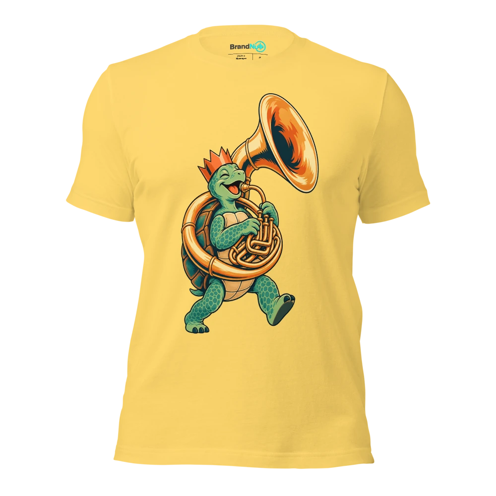 Birthday turtle carrying a sousaphone and wearing a paper crown T Shirt Yellow Front