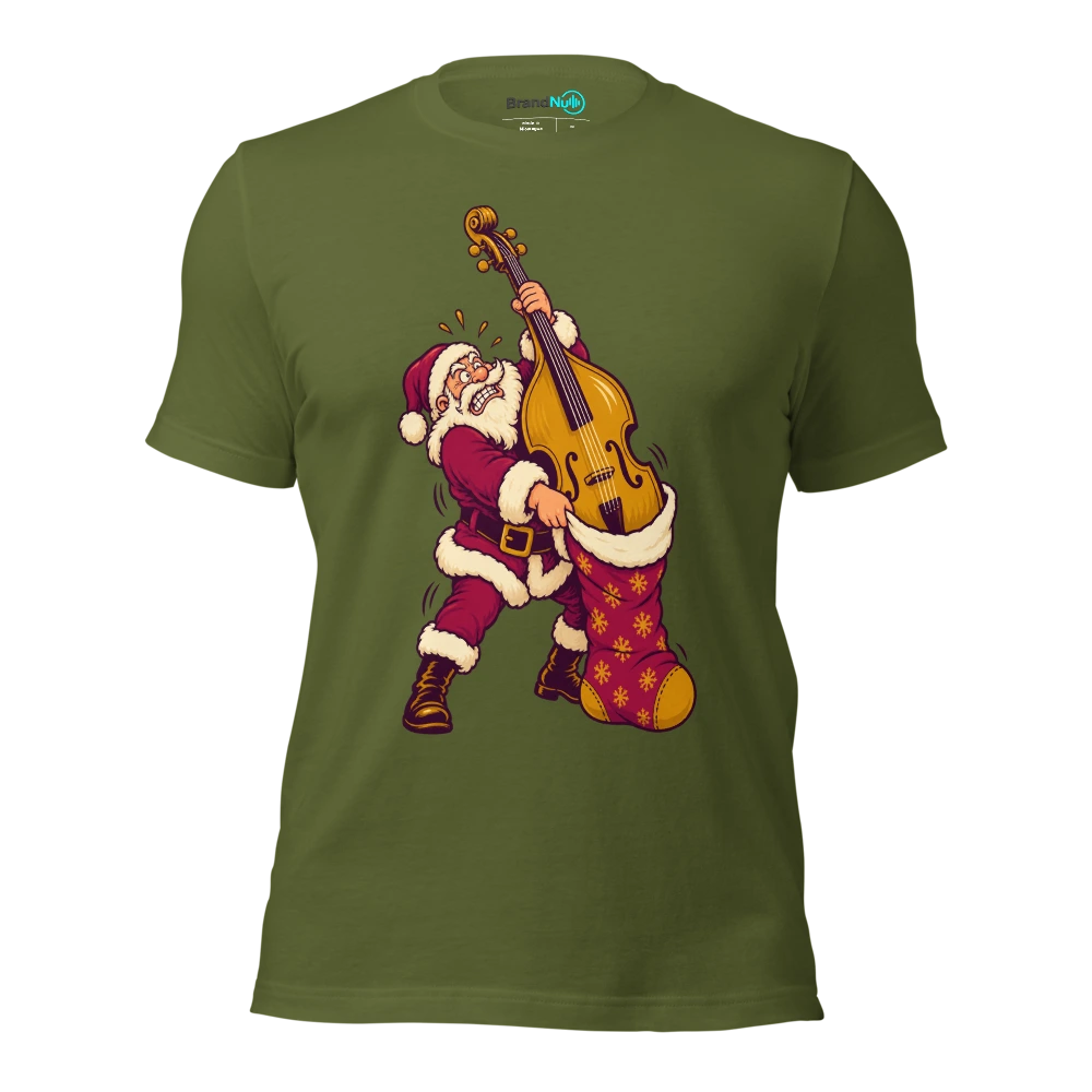 Santa struggling to fit an enormous double bass into a small stocking T Shirt Olive Front