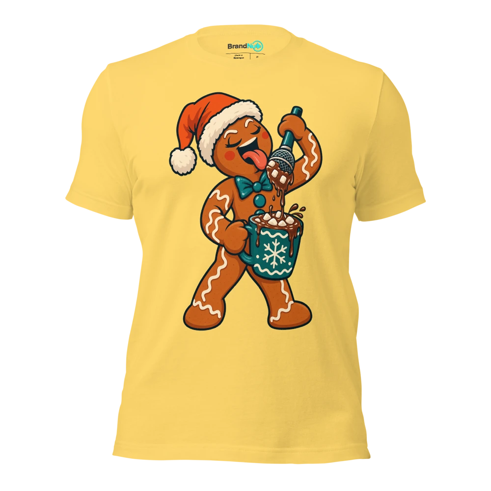 A gingerbread singer dipping a microphone into a mug of cocoa T Shirt Yellow Front