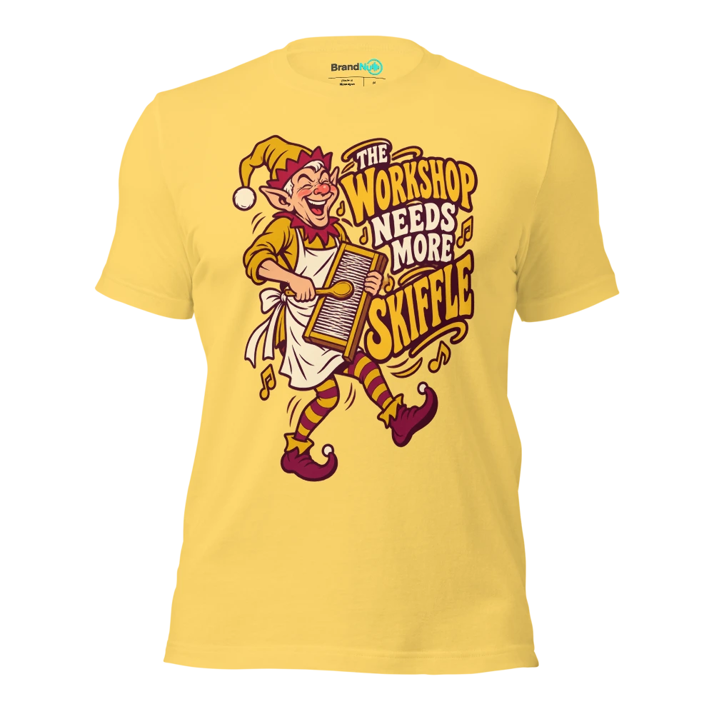 THE WORKSHOP NEEDS MORE SKIFFLE T Shirt Yellow Front