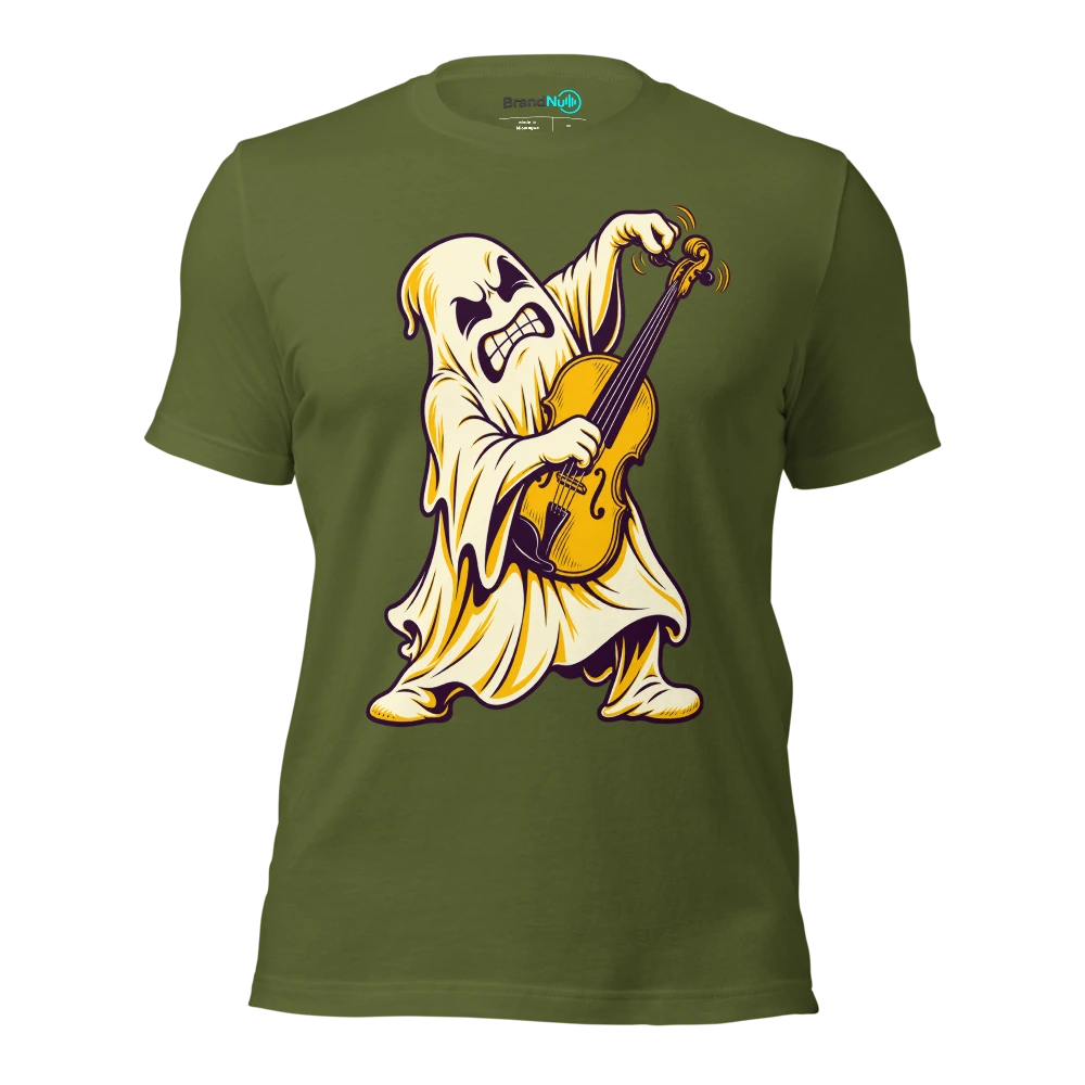 Ghost struggling to turn a squeaky violin peg T Shirt Olive Front