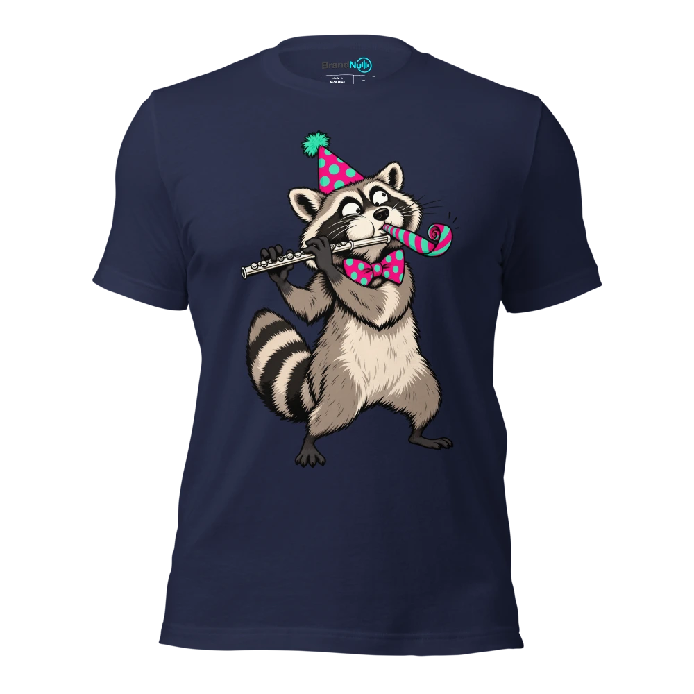 Raccoon trying to play a flute while wearing a party blower T Shirt Navy Front