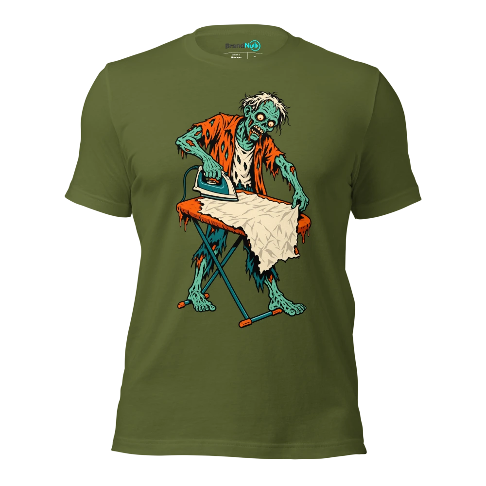 A zombie carefully ironing a crumpled blank gig poster T Shirt Olive Front