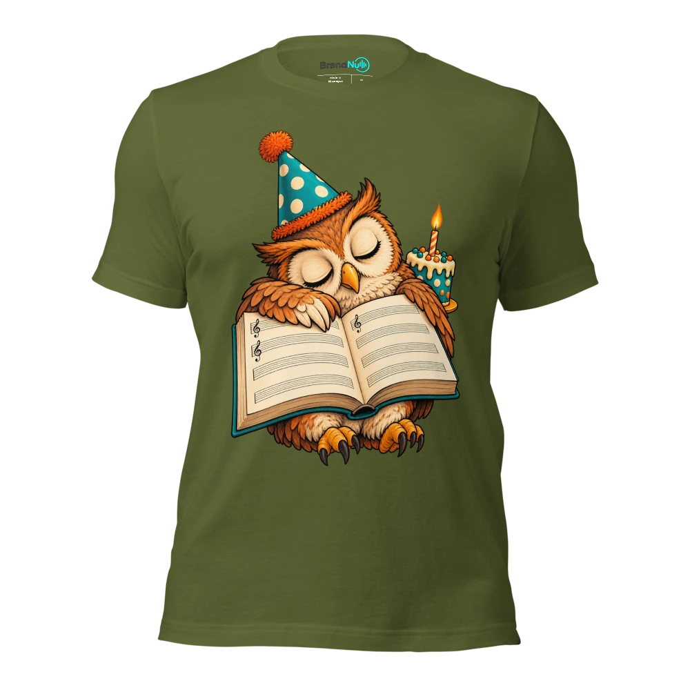 Birthday owl sleeping on an open blank music book T Shirt Olive Front