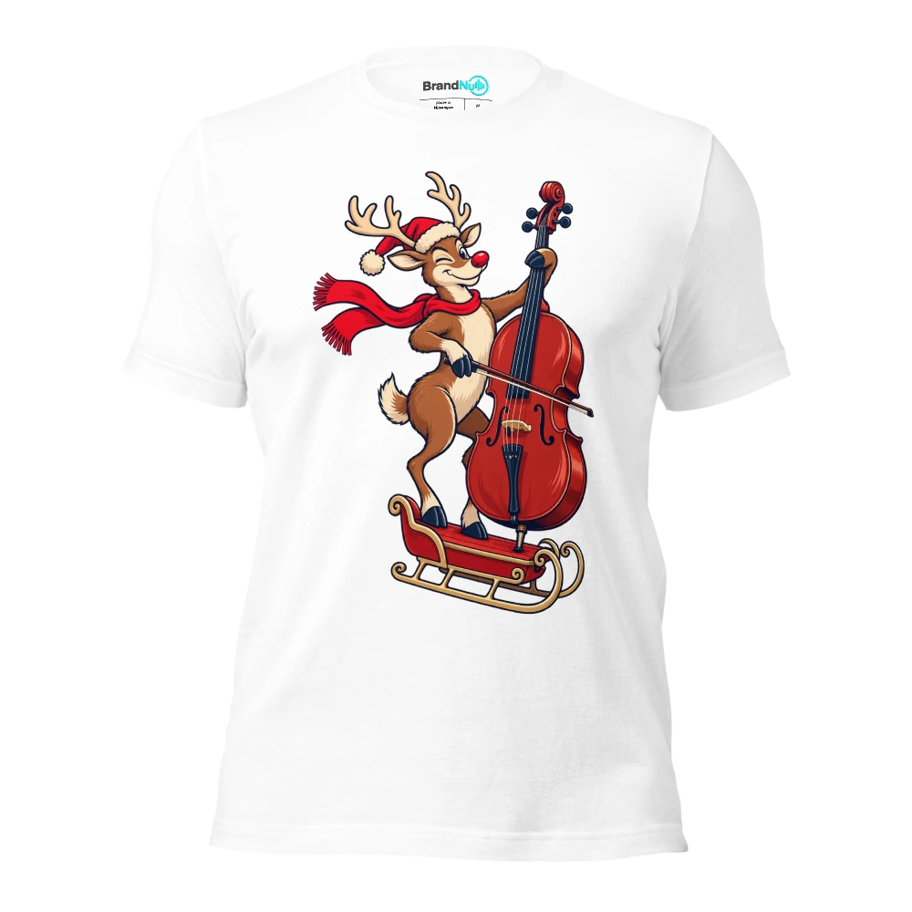 Reindeer balancing a cello on a tiny sleigh T Shirt White Front
