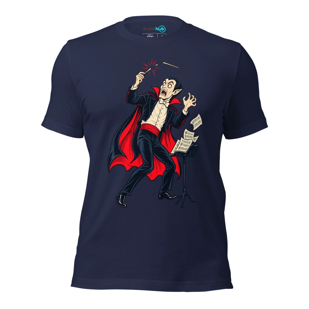 Vampire conductor startled by his own snapping baton T Shirt Navy Front