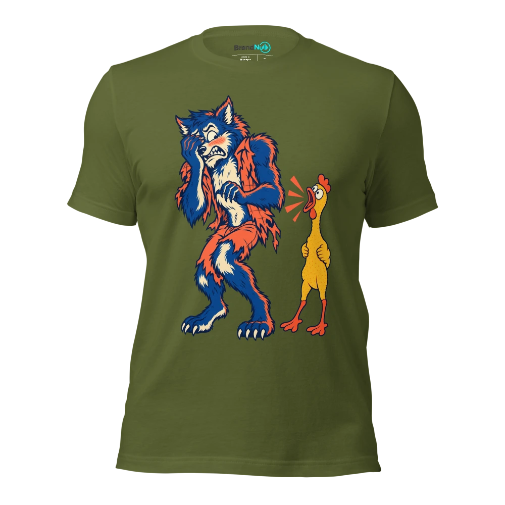 Werewolf embarrassed by a squeaky rubber percussion chicken T Shirt Olive Front