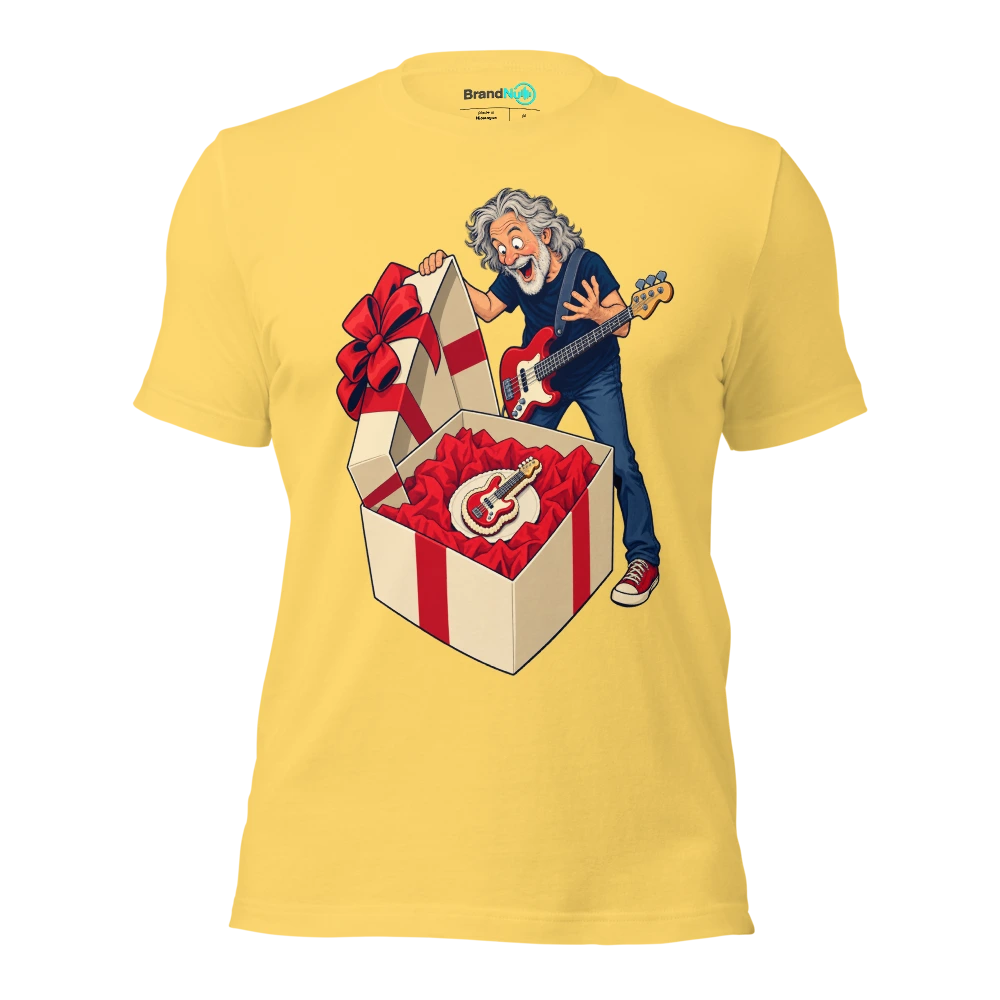 Older bassist finding a tiny bass shaped cake in a huge box T Shirt Yellow Front