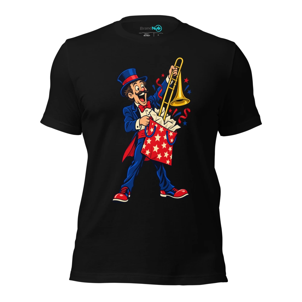 A birthday magician pulling a trombone out of a gift bag T-SHIRT