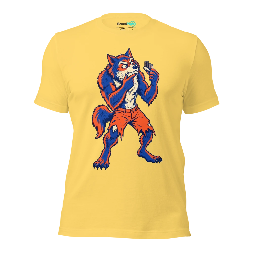 Werewolf studying a pitch pipe as if it is a dog whistle T Shirt Yellow Front