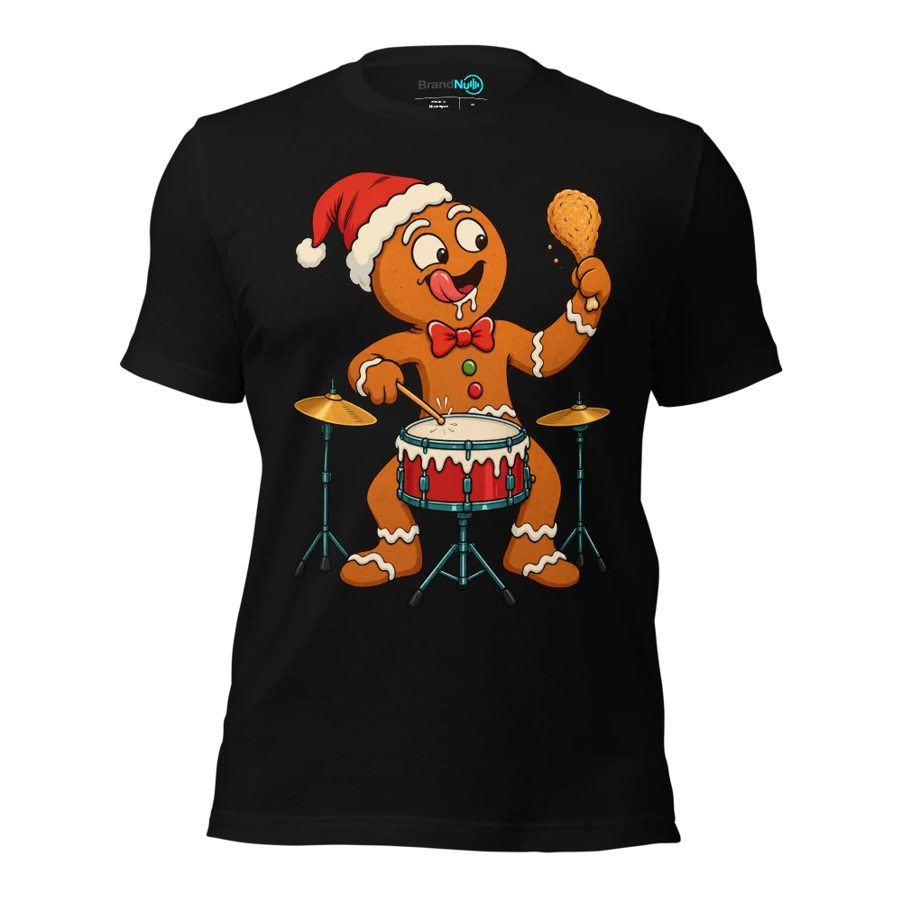 Gingerbread drummer staring at a drumstick shaped biscuit T-SHIRT