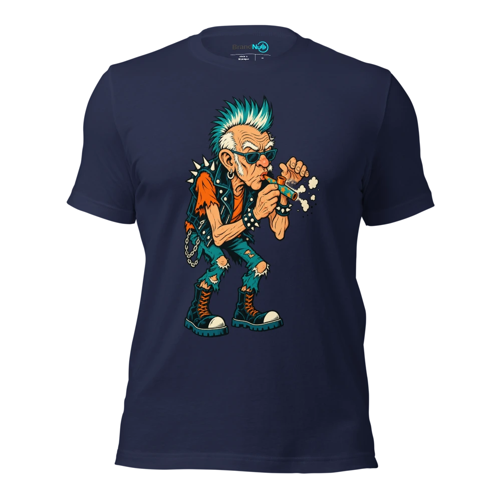 An elderly punk carefully blowing dust off a birthday kazoo T Shirt Navy Front