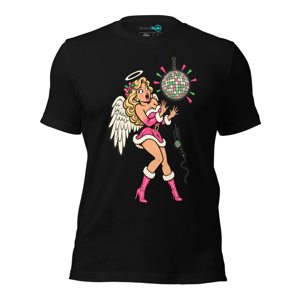 THE DISCO ANGEL HAS MISSED THE CUE T Shirt Black Front