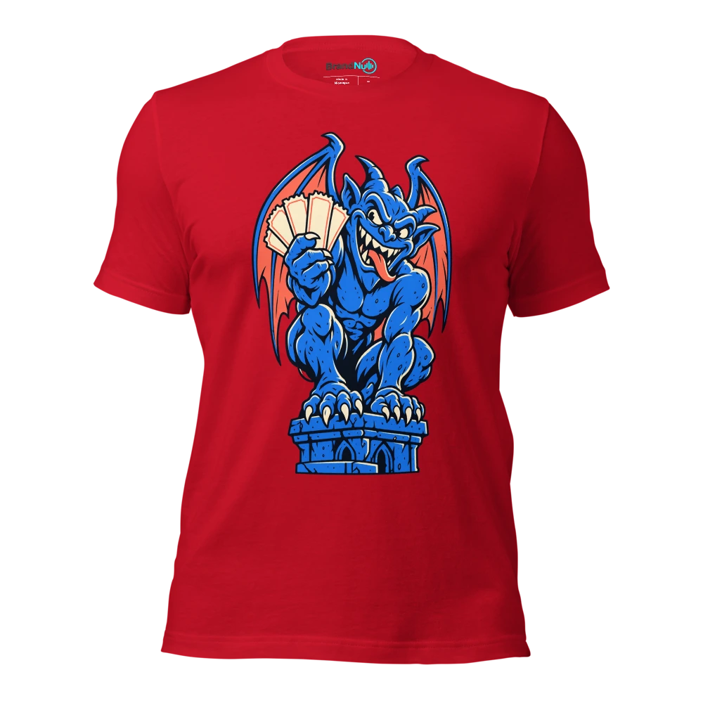 A grinning gargoyle clutching a stack of blank concert tickets T Shirt Red Front