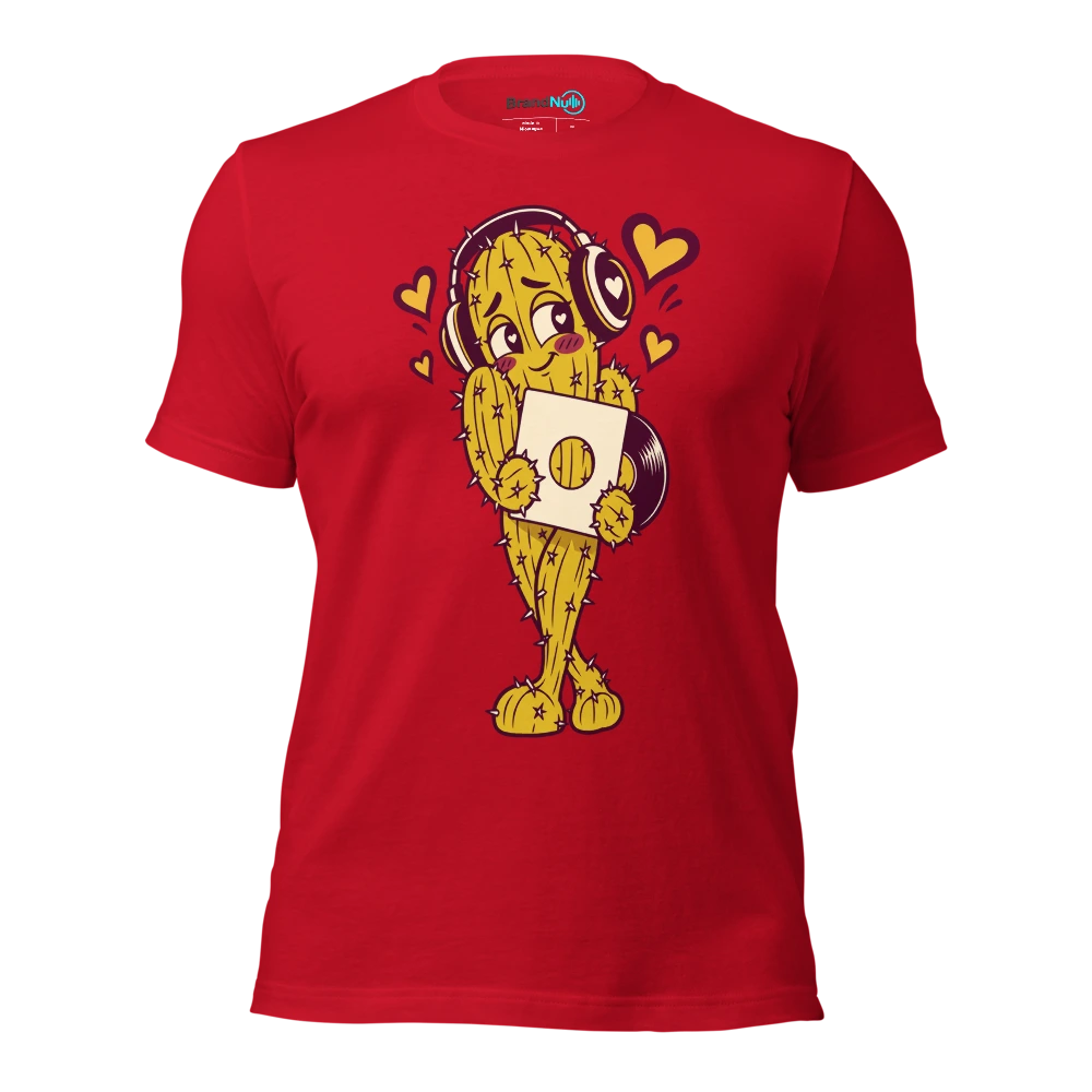 A bashful cactus wearing headphones and offering a blank record sleeve T Shirt Red Front