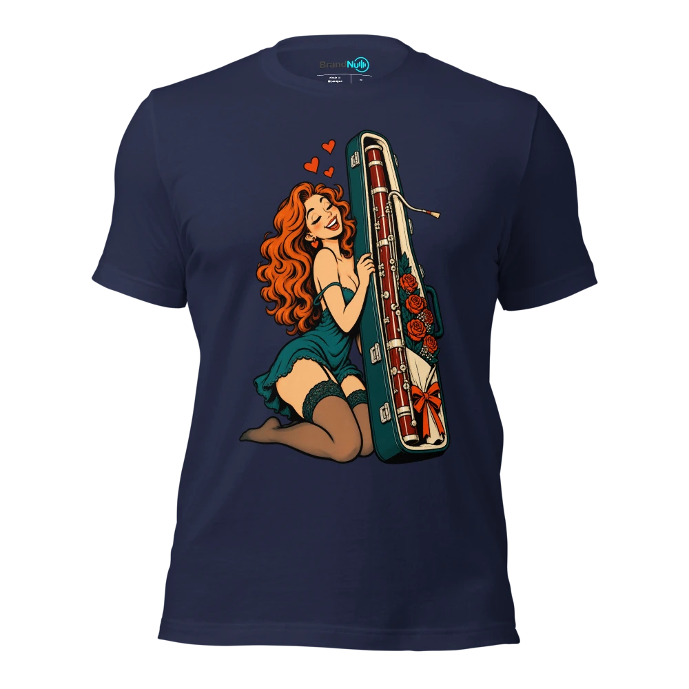Rose bouquet peeking from a bassoon case T Shirt Navy Front