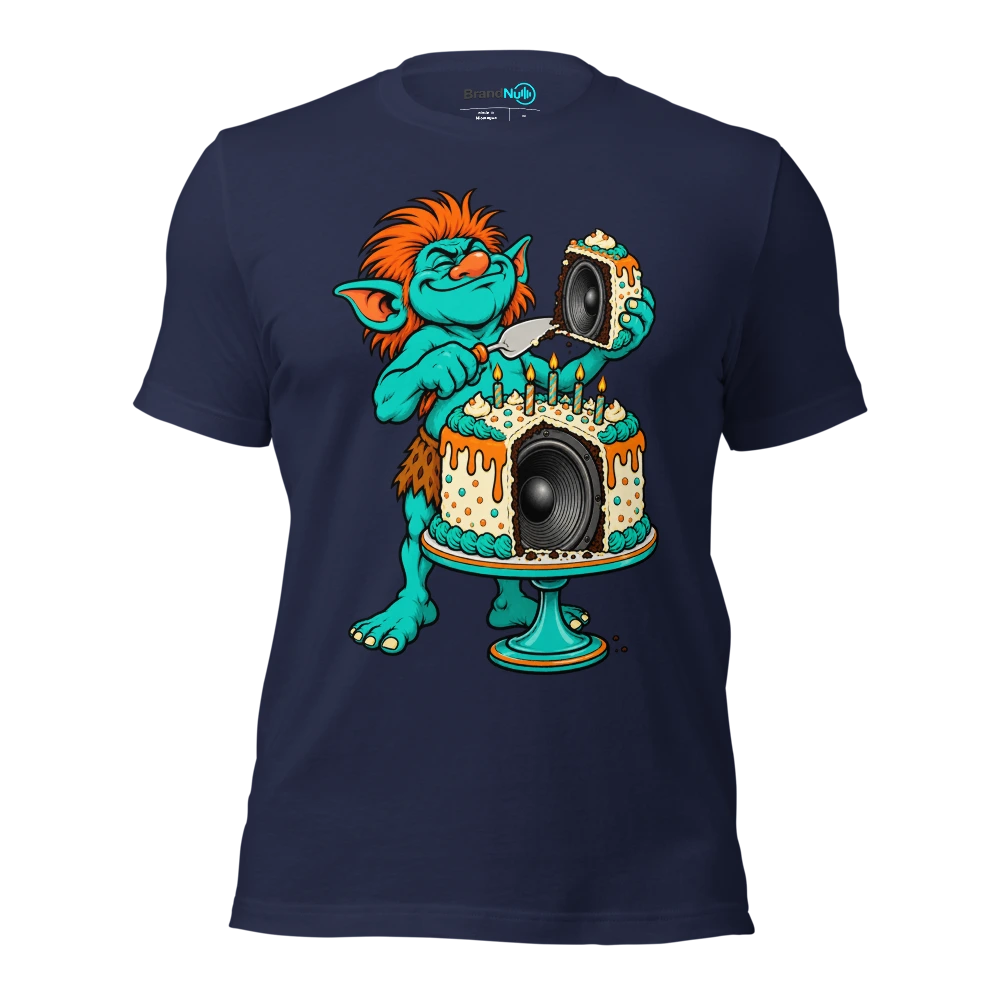 THE PARTY TROLL HAS PUT A SPEAKER IN THE CAKE T Shirt Navy Front