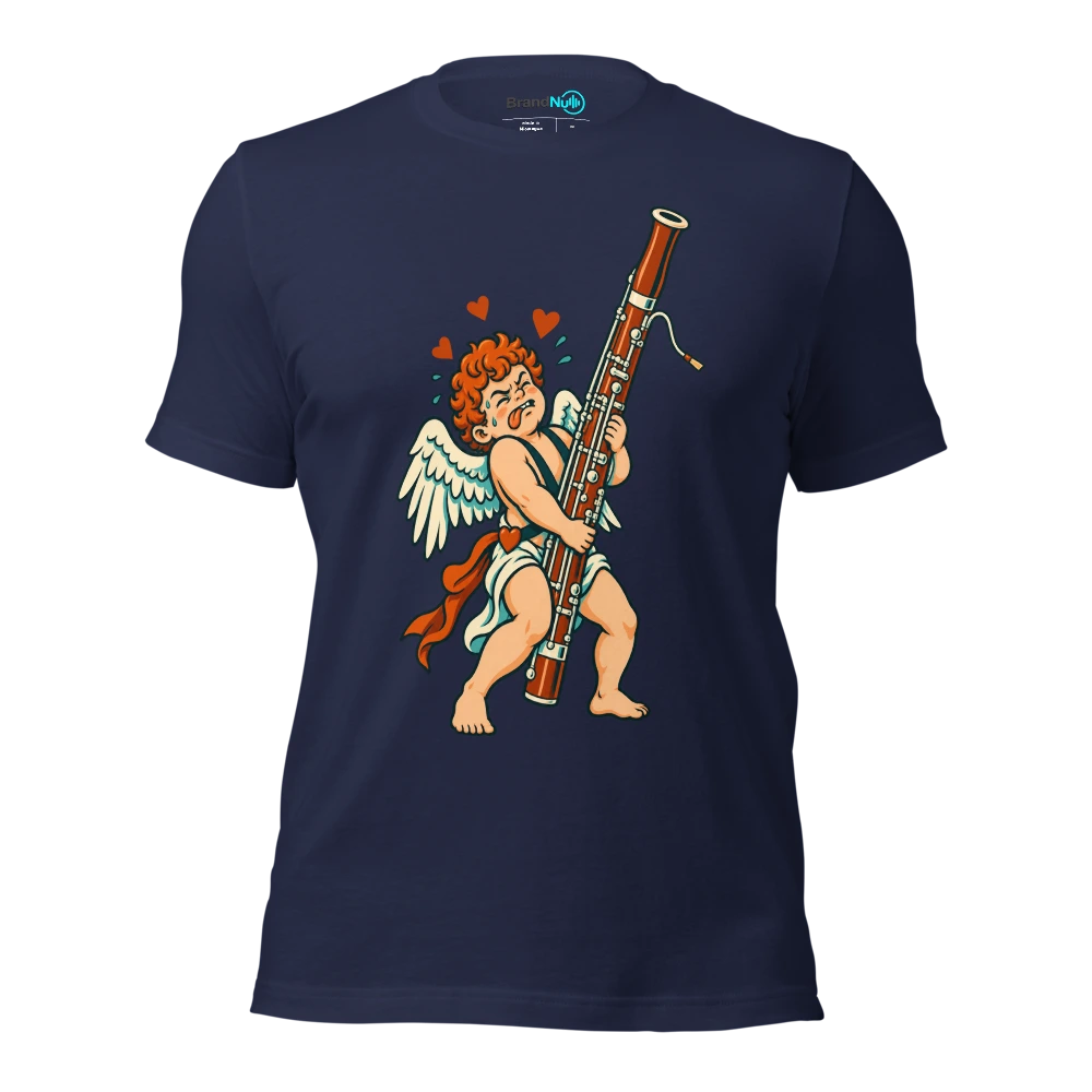 A cupid struggling to carry a full size bassoon instead of a bow T Shirt Navy Front