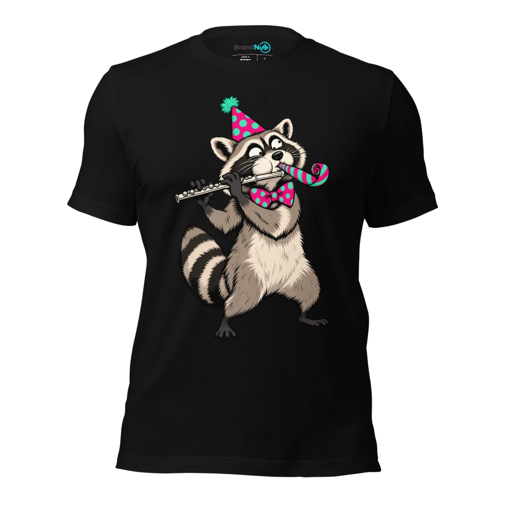 Raccoon trying to play a flute while wearing a party blower T Shirt Black Front