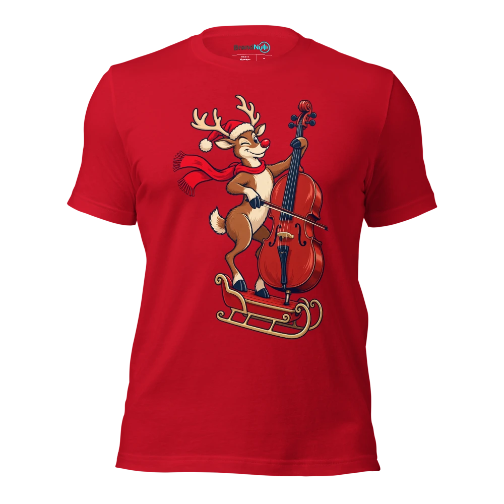 Reindeer balancing a cello on a tiny sleigh T Shirt Red Front