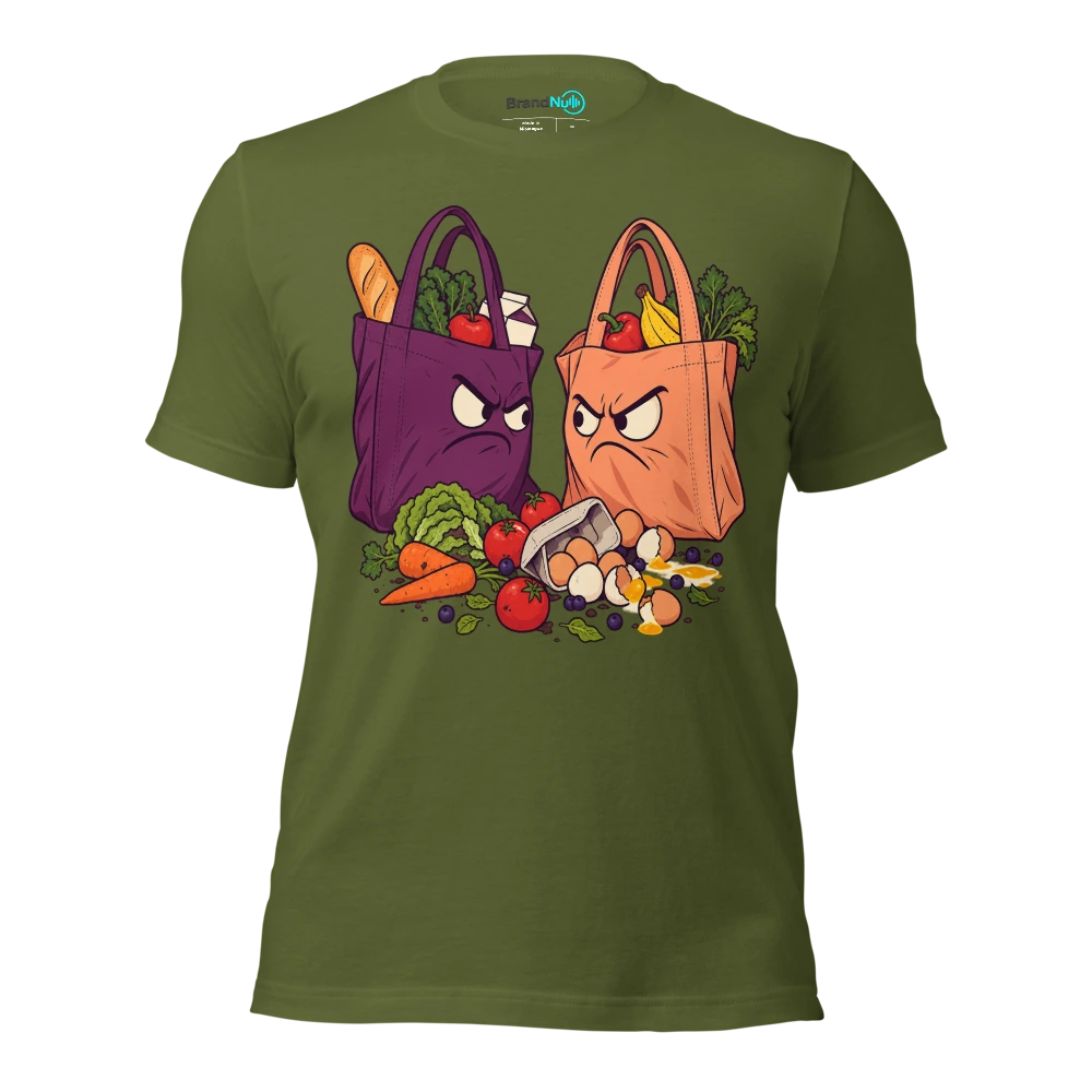 Woke up BrandNu. By teatime I was arguing with a bag for life T Shirt Olive Front