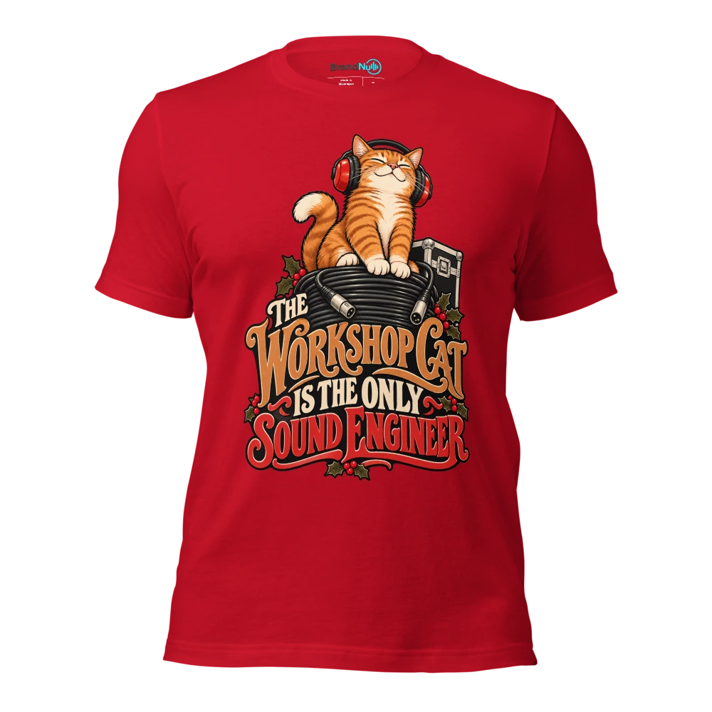THE WORKSHOP CAT IS THE ONLY SOUND ENGINEER T Shirt Red Front