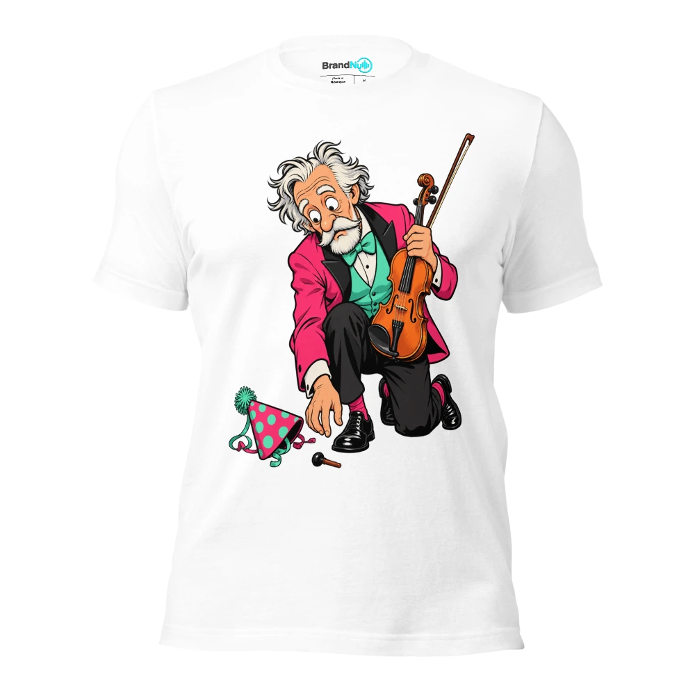 Older musician kneeling beside a dropped violin peg and party hat T Shirt White Front
