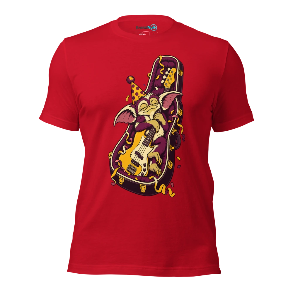An original tiny gremlin napping inside a bass guitar case wearing a party hat T Shirt Red Front