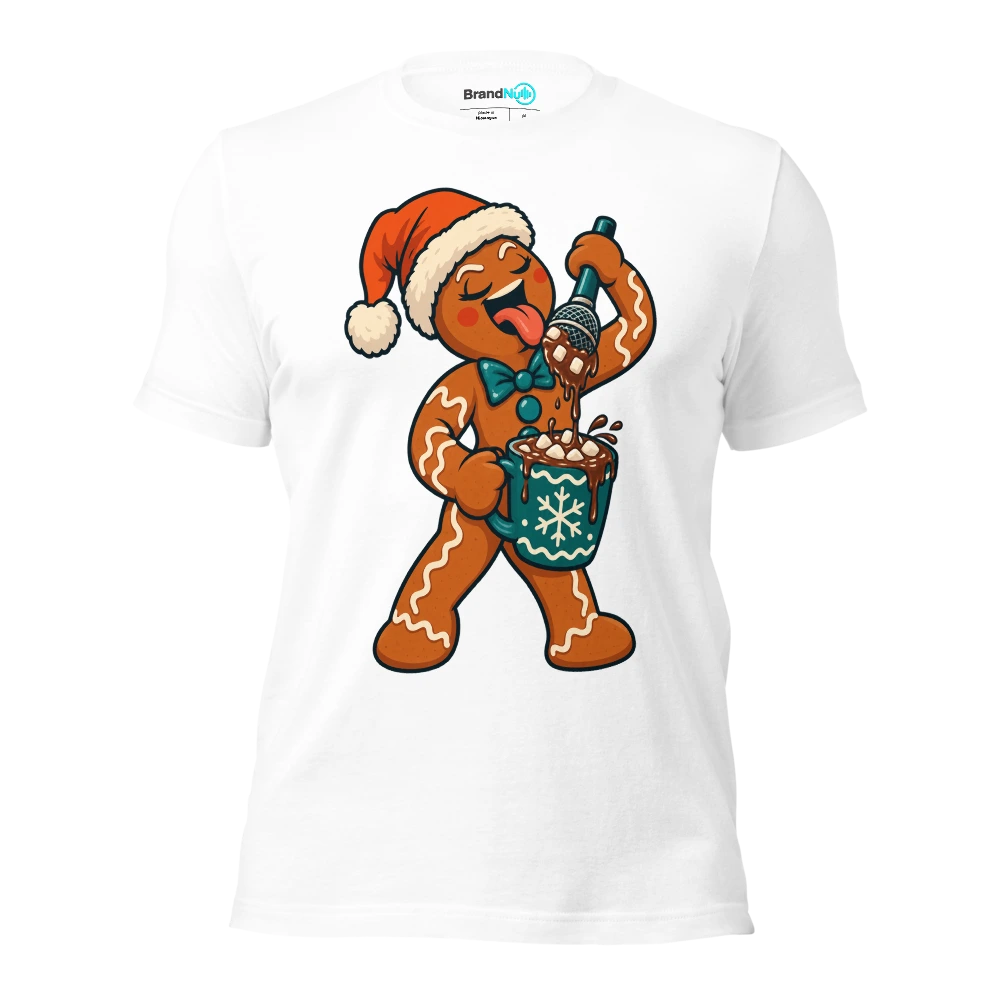 A gingerbread singer dipping a microphone into a mug of cocoa T Shirt White Front