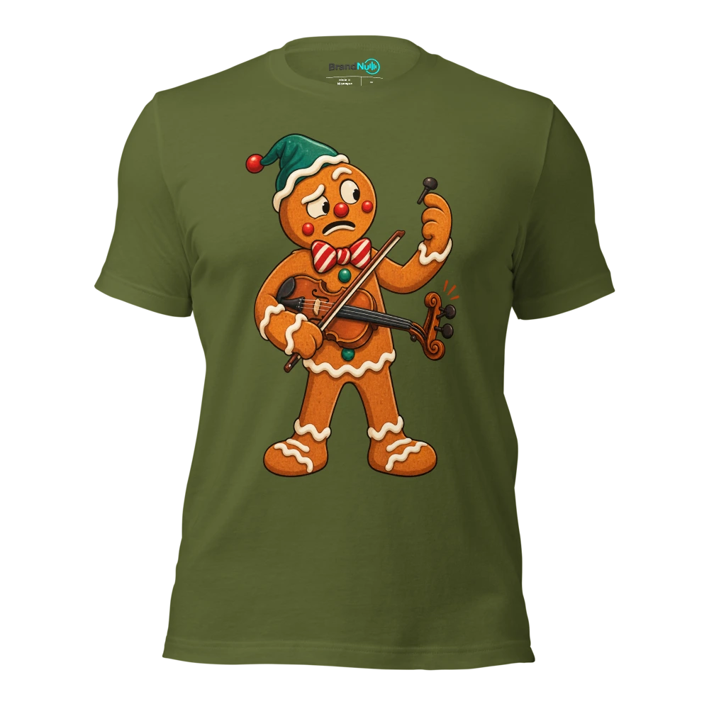 Gingerbread violinist inspecting one missing candy peg T Shirt Olive Front