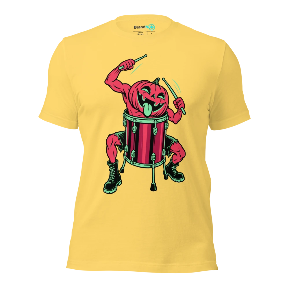 A pumpkin drummer discovering its head fits perfectly in a floor tom T Shirt Yellow Front