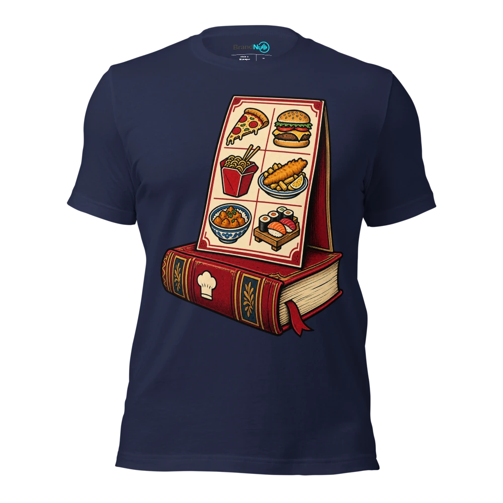 Bought a BrandNu cookbook. Lovely thing to lean the takeaway menu on T Shirt Navy Front