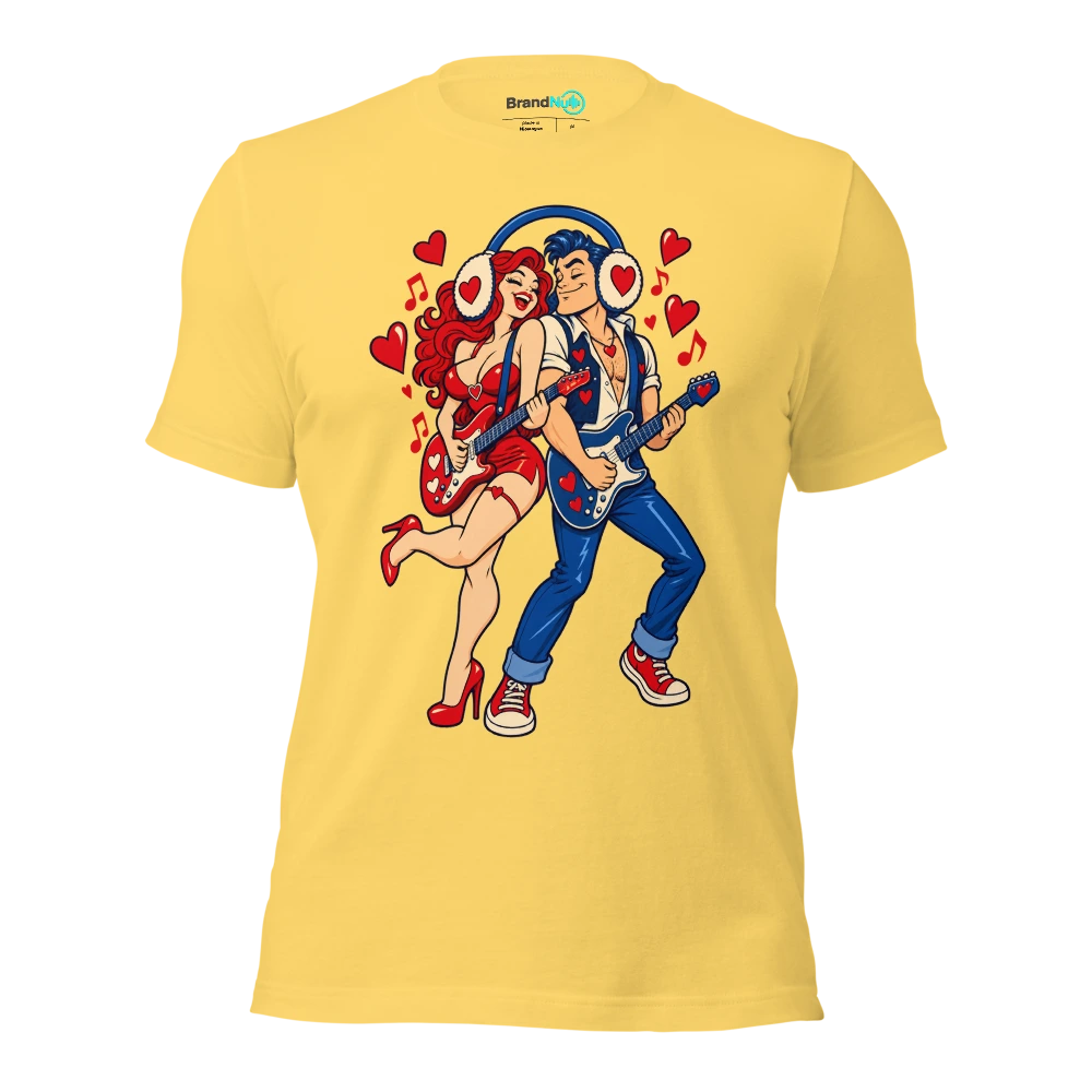 Two human musicians sharing an oversized pair of earmuffs T Shirt Yellow Front