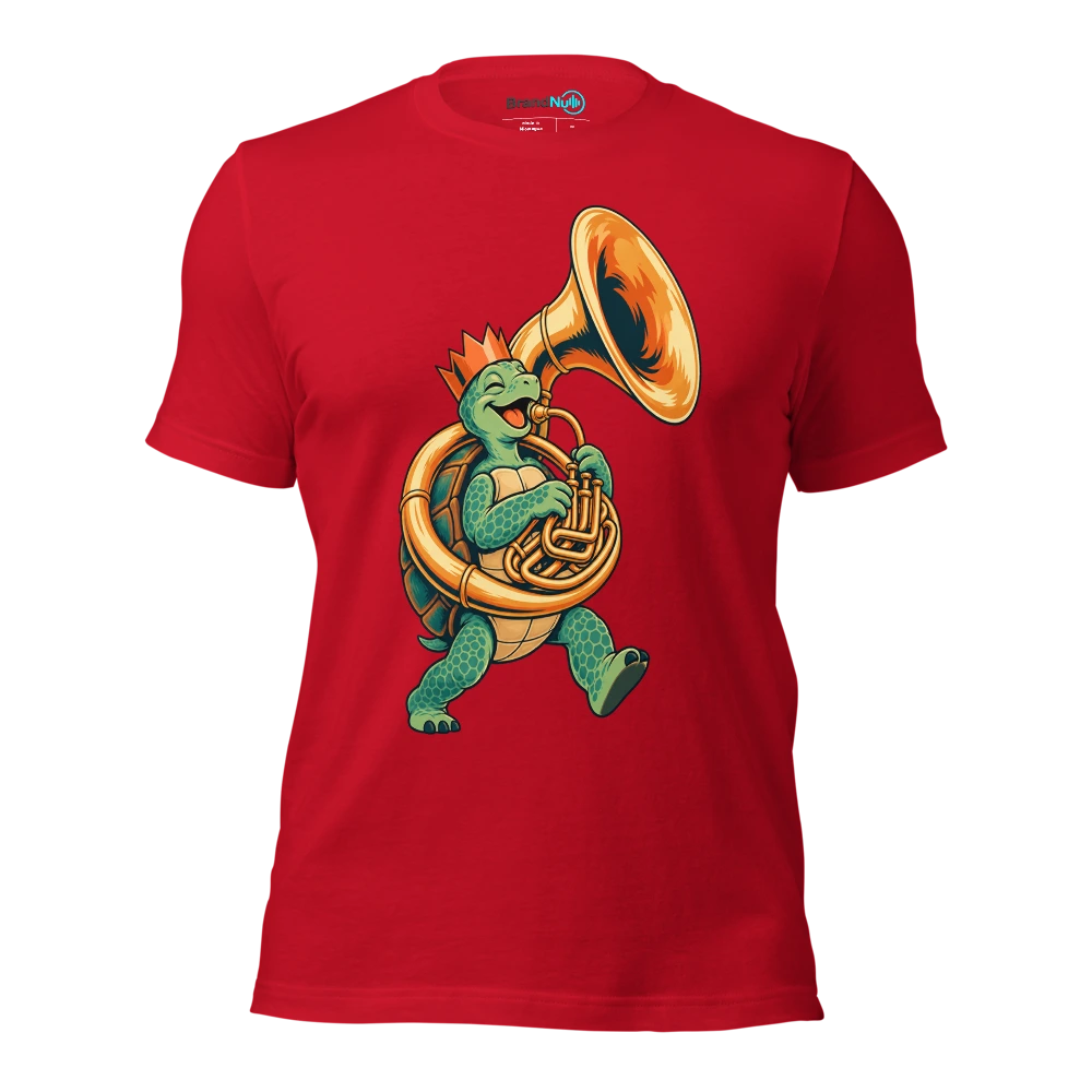 Birthday turtle carrying a sousaphone and wearing a paper crown T Shirt Red Front