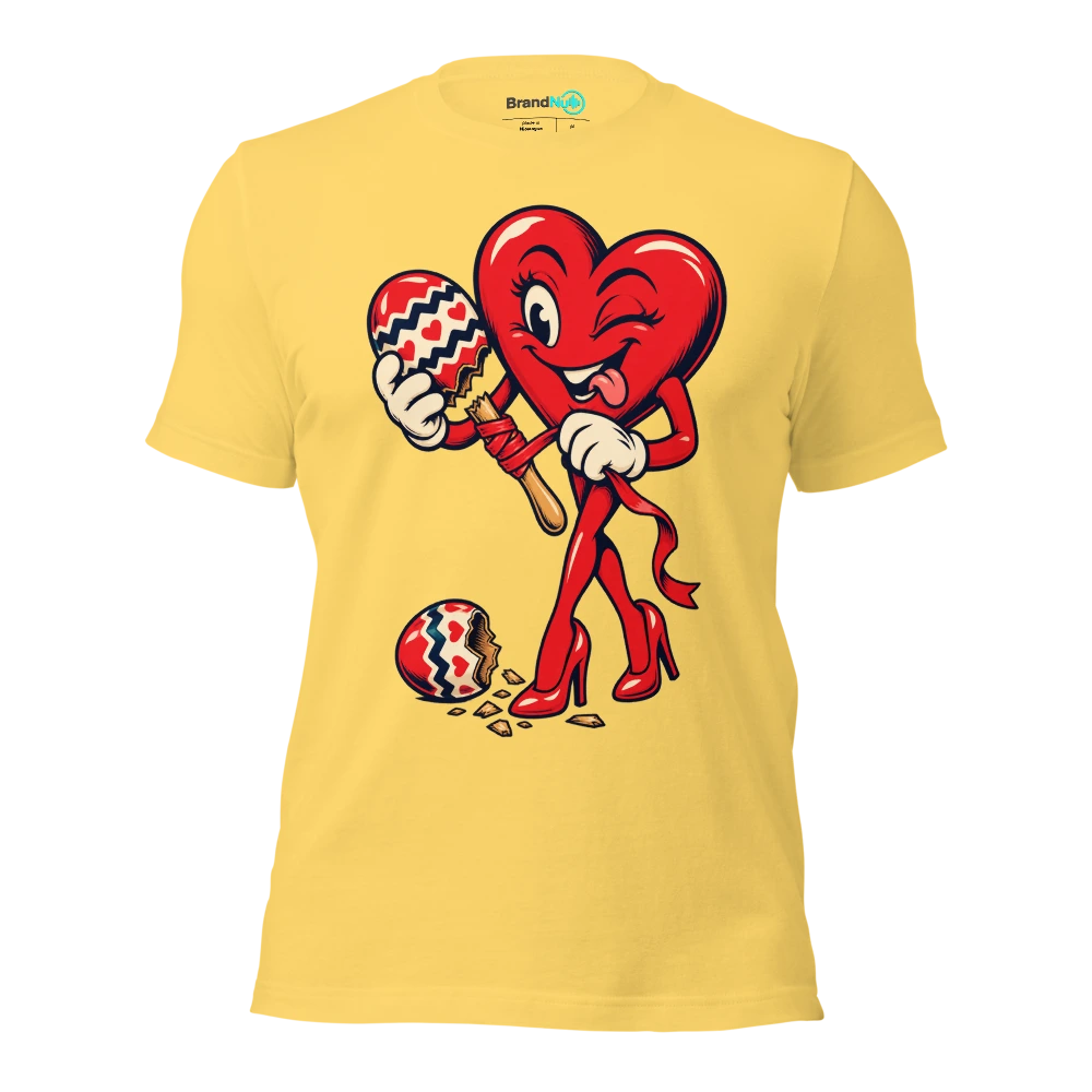 Heart mascot repairing a snapped maraca handle with ribbon T Shirt Yellow Front