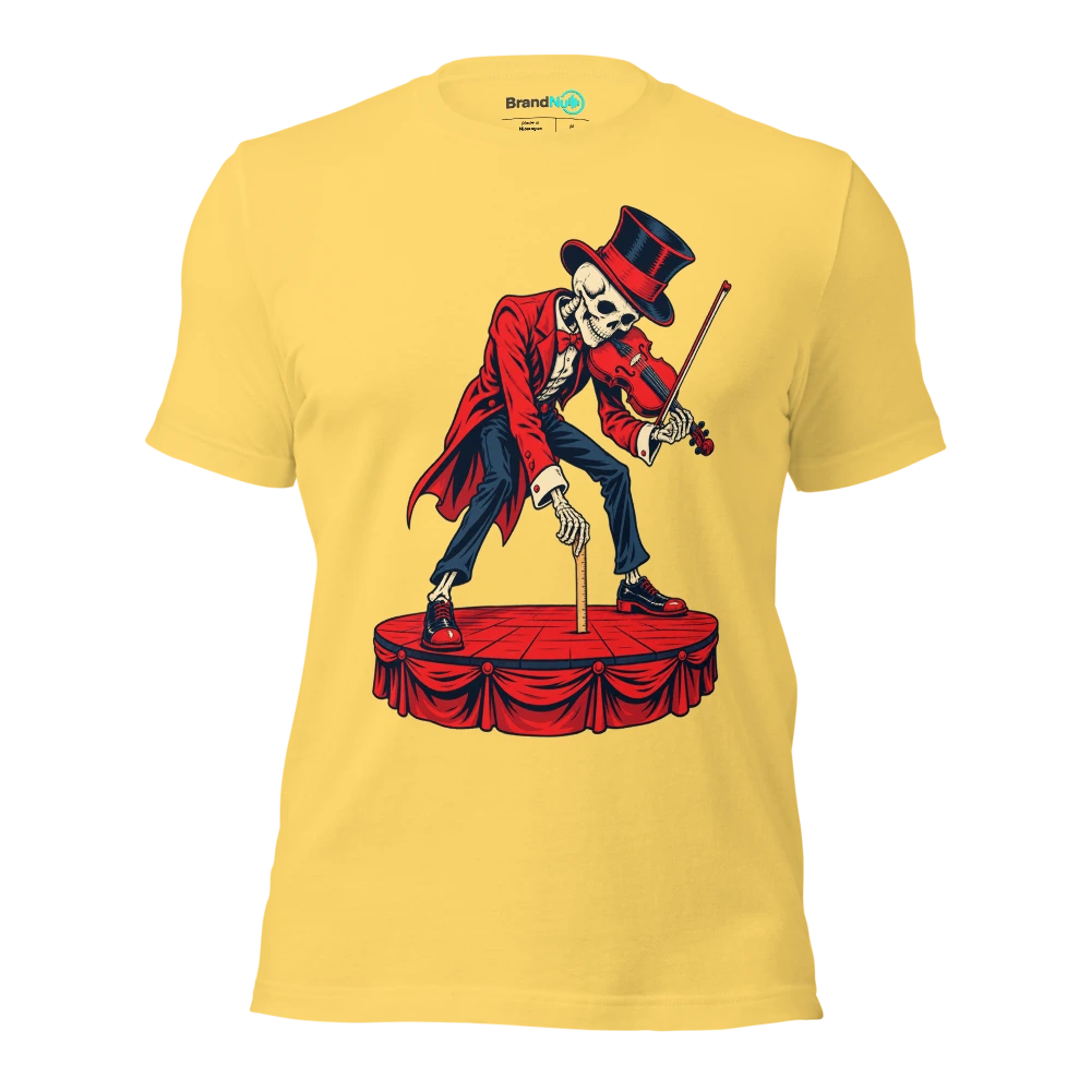 Skeleton violinist measuring the stage with a tiny ruler T Shirt Yellow Front