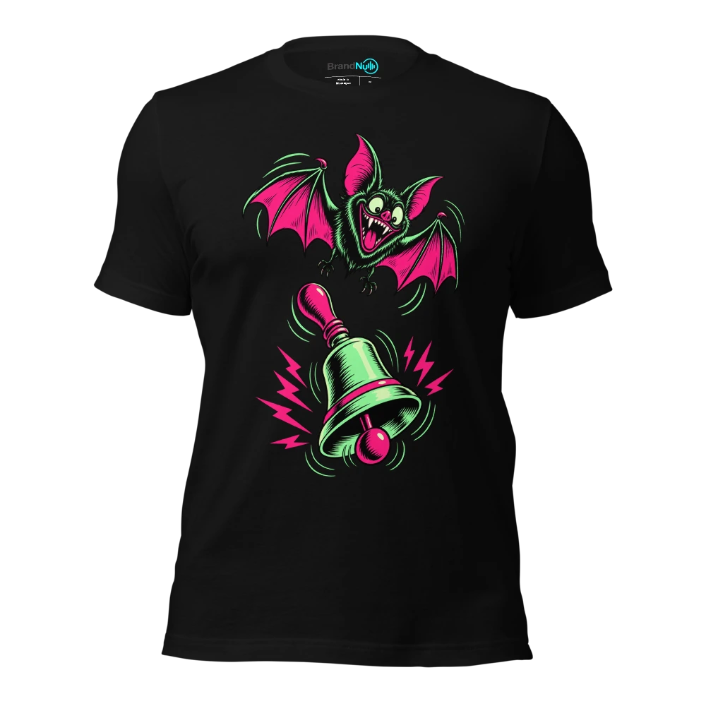 Bat flapping above a single loudly ringing handbell T Shirt Black Front