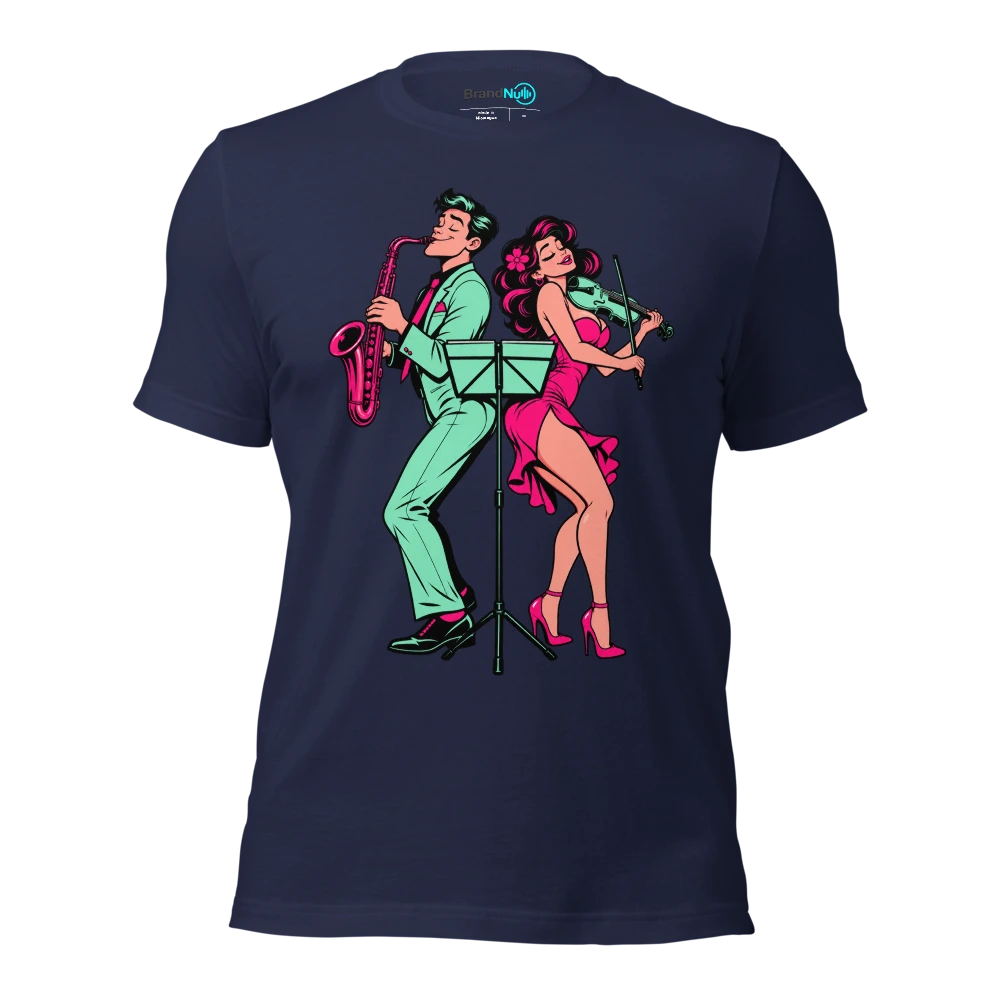 Couple sharing a music stand while facing opposite directions T Shirt Navy Front
