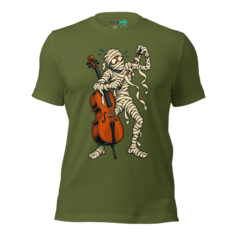 A mummy trying to unroll a cello bow from its bandages T Shirt Olive Front