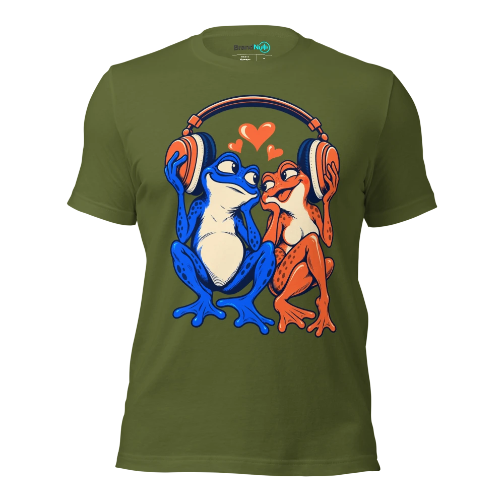 Two frogs sharing a huge pair of headphones at opposite ends T Shirt Olive Front