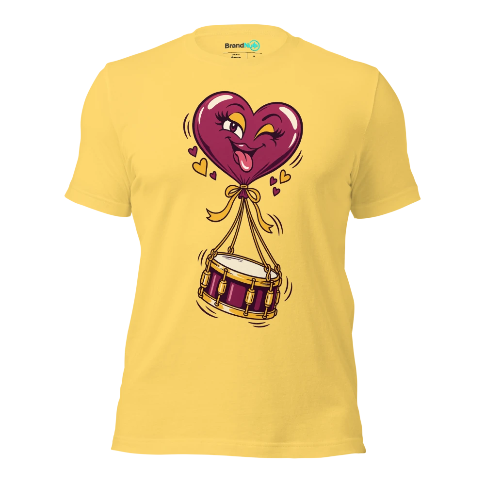 A heart shaped balloon lifting a miniature snare drum T Shirt Yellow Front
