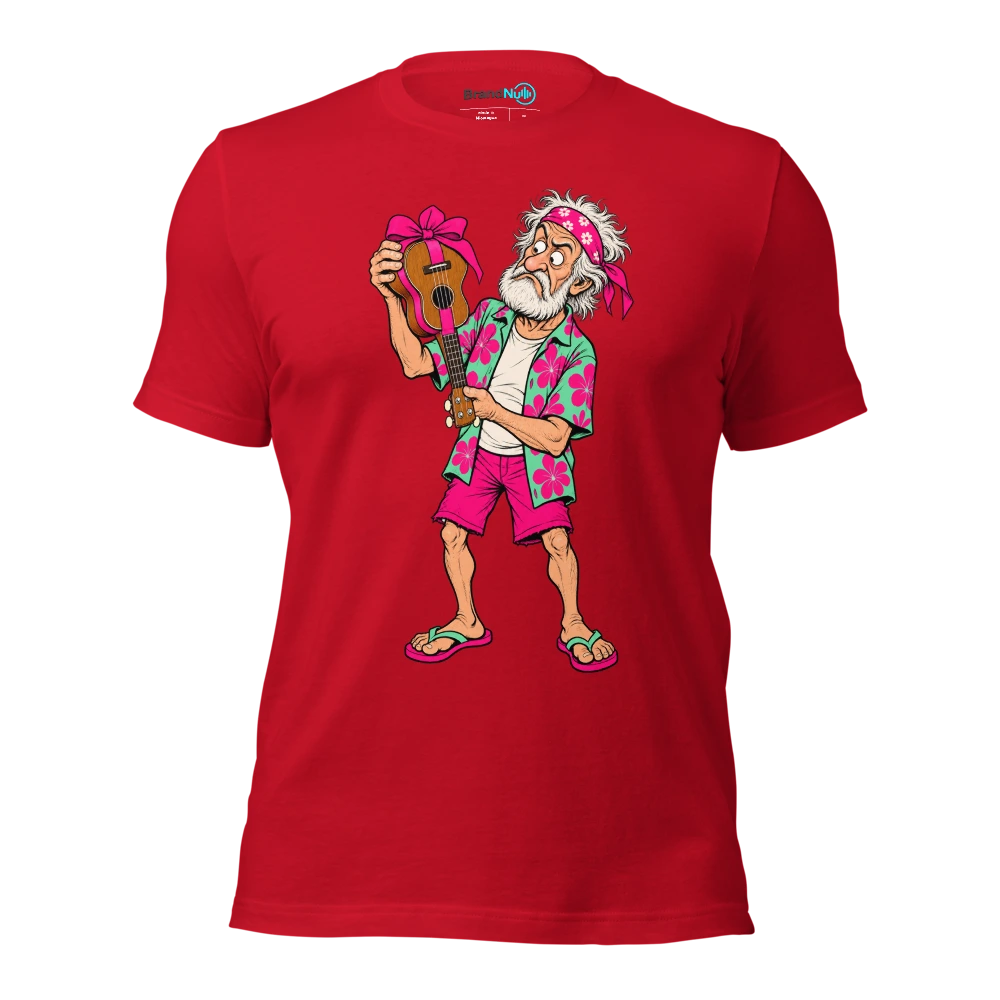 Older musician holding a wrapped ukulele upside down T Shirt Red Front