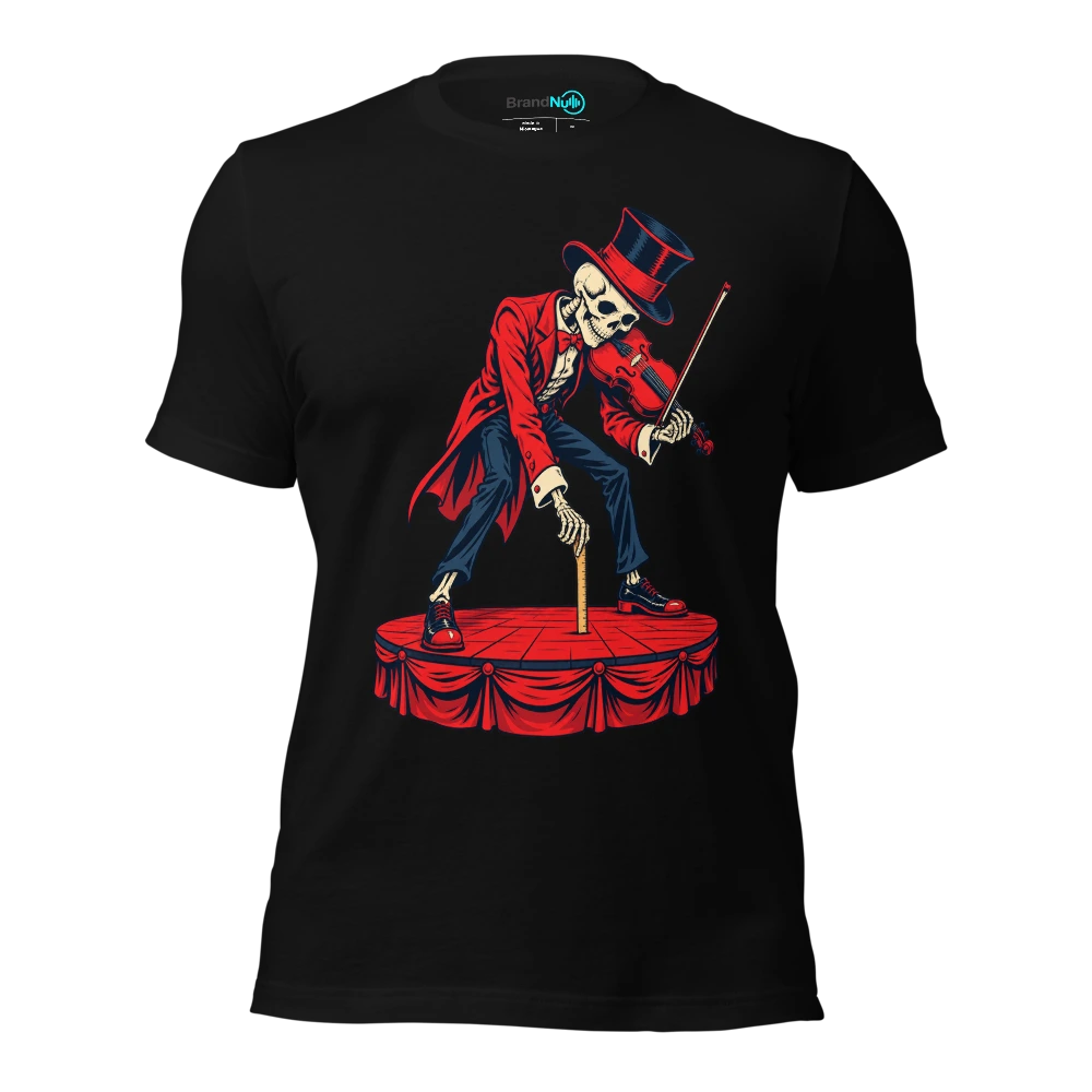 Skeleton violinist measuring the stage with a tiny ruler T-SHIRT