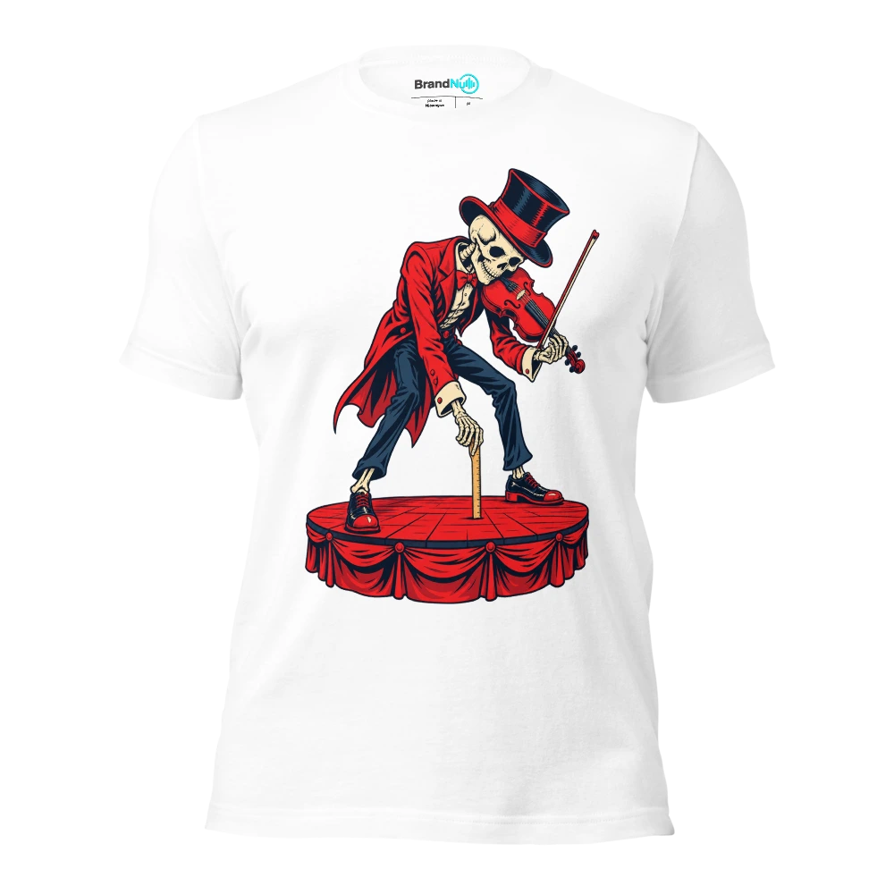 Skeleton violinist measuring the stage with a tiny ruler T Shirt White Front