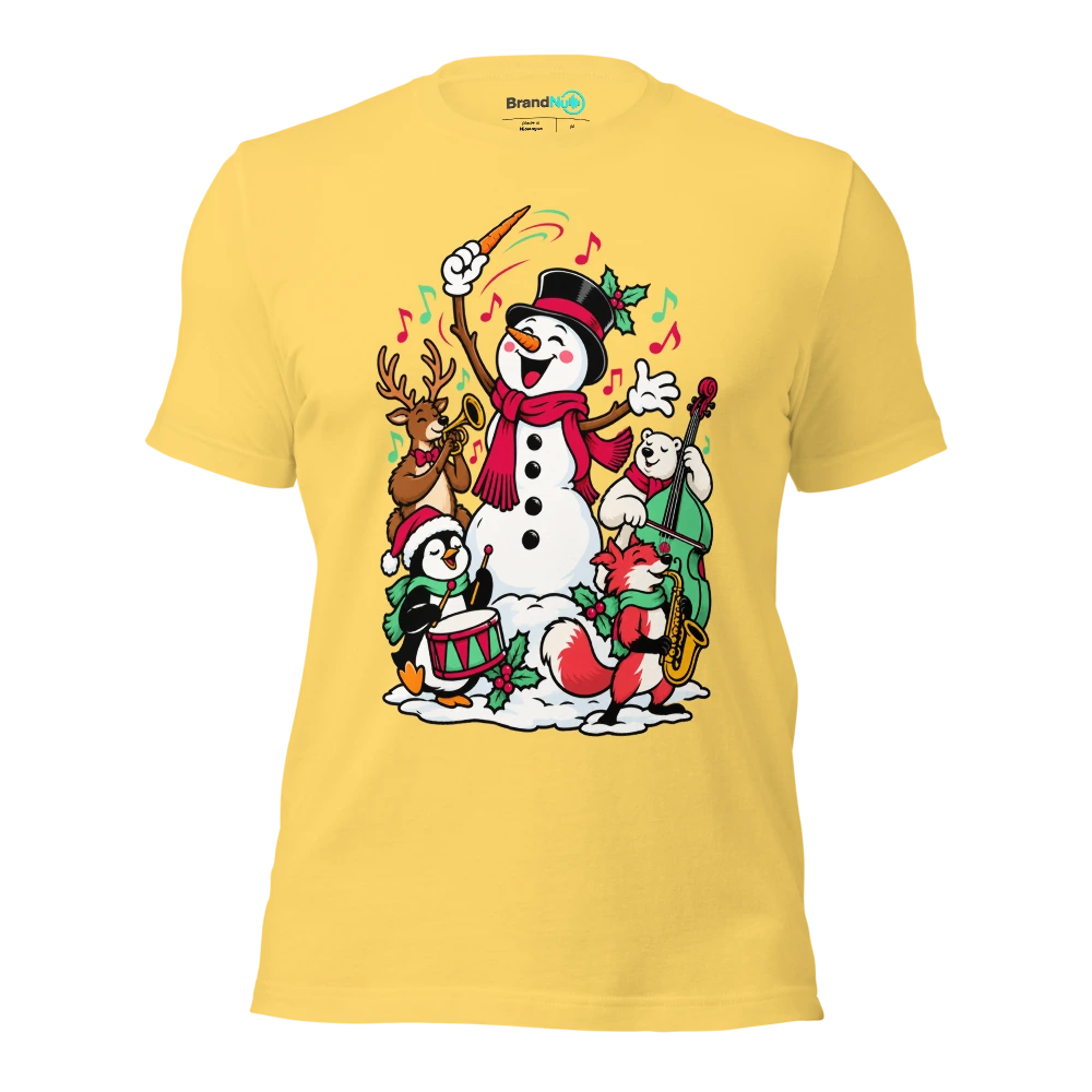 A snowman using a carrot as a conductor baton T Shirt Yellow Front